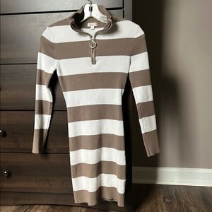 J for Justify Brown and White Long Sleeve Mock Neck Sweater Dress
